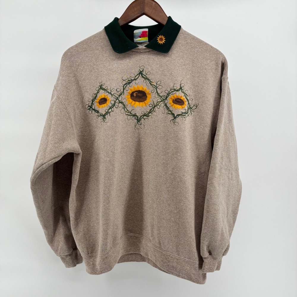 Vintage PFI Fashions Sunflower Embroidered Collar Sweatshirt Tan Womens Medium